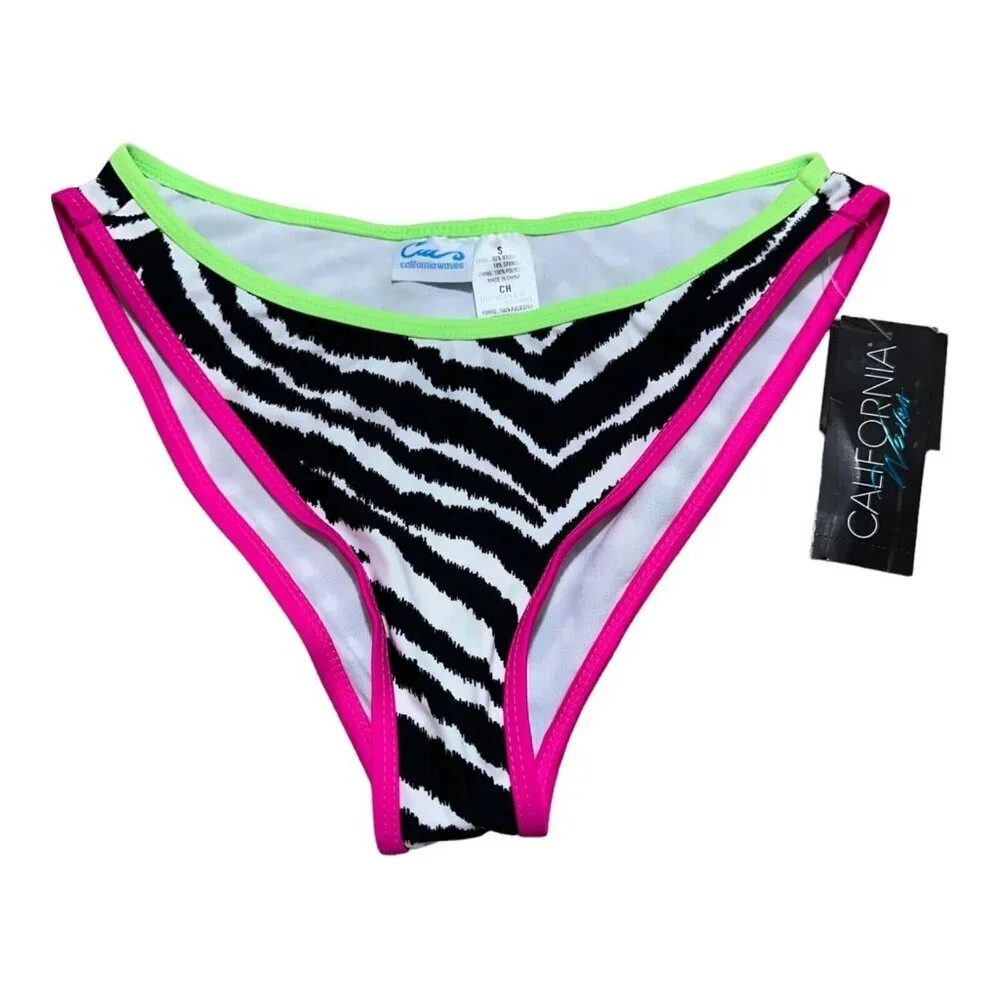 California Waves Junior Size S Zebra Print Neon Trim Bikini Bottoms Swimsuit NWT